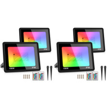4 Pack 100W RGB LED Flood Lights IP66 Waterproof Color Changing Floodlight with Remote for Party, Halloween 220V