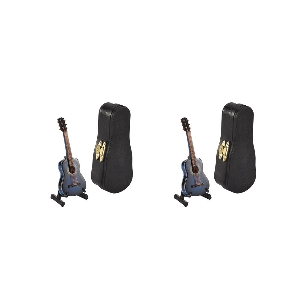 Semoic 2X A-Wooden Miniature Guitar With Stand And Case Musical Instrument Miniature Doll House Model Home Decoration