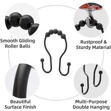 24 Stück Duschvorhanghaken, Duschvorhangringe Rostfrei Balanced Glide Double Duschvorhanghaken Schwarz