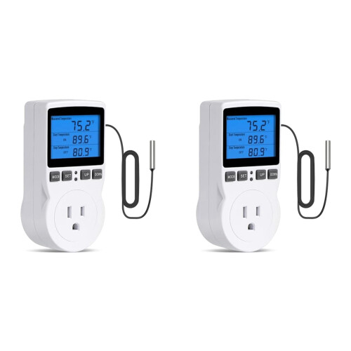 2X Plug-in Thermostat Temperature Controller Socket Heating Cooling Control Timer 1800W 110V 15A Backlit Display US Plug
