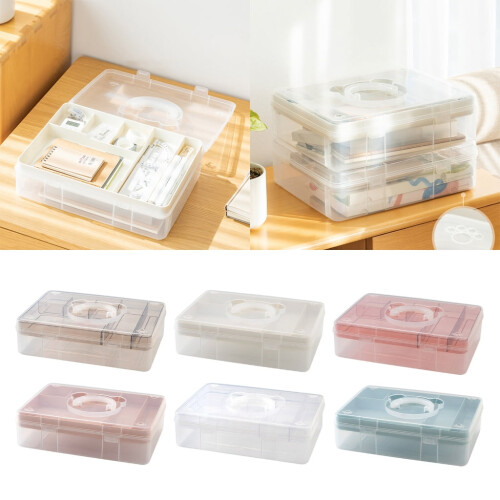 Dubbellaagse stapelbare opbergdoos van transparant plastic met handvat. 1