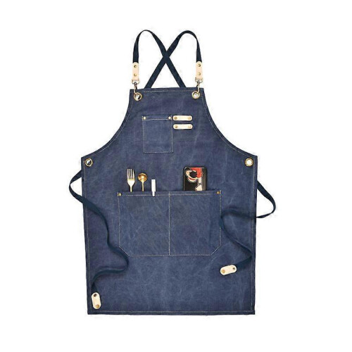 (navy blue) Canvas Work Apron With Adjustable Strap Multi Pockets For Barista Barber Beauty Salon