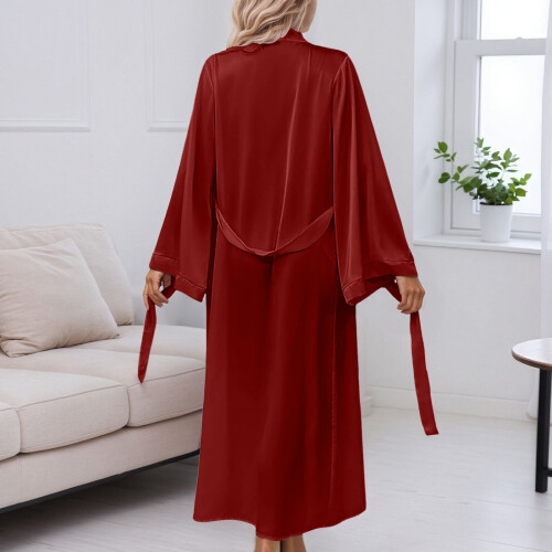 Robe de manga comprida com lapela elegante e cinto para usar em casa. 2