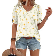 Women's Short Sleeve Button-Down V-Neck Shirts-apricot XXL