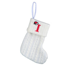 Șosetă de Crăciun cu inițiala „I”, ciorap alb tricotat brodat, 19 cm, pentru decor de brad și șemineu