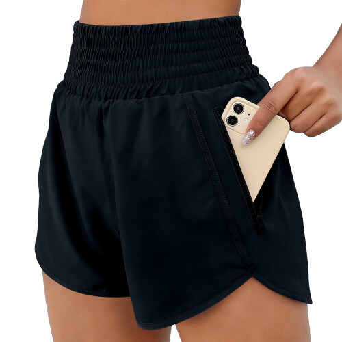 Women's High Rise Quick Dry Active Shorts with Double-Black L