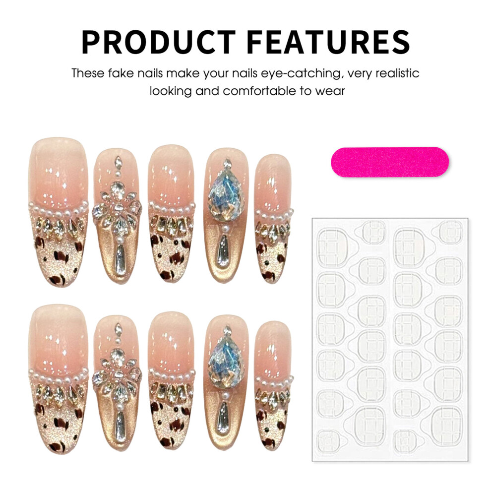 Creation-3C (1028 Long Oval, Xs) 10Pcs Pink Rhinestone Leopard False Nails