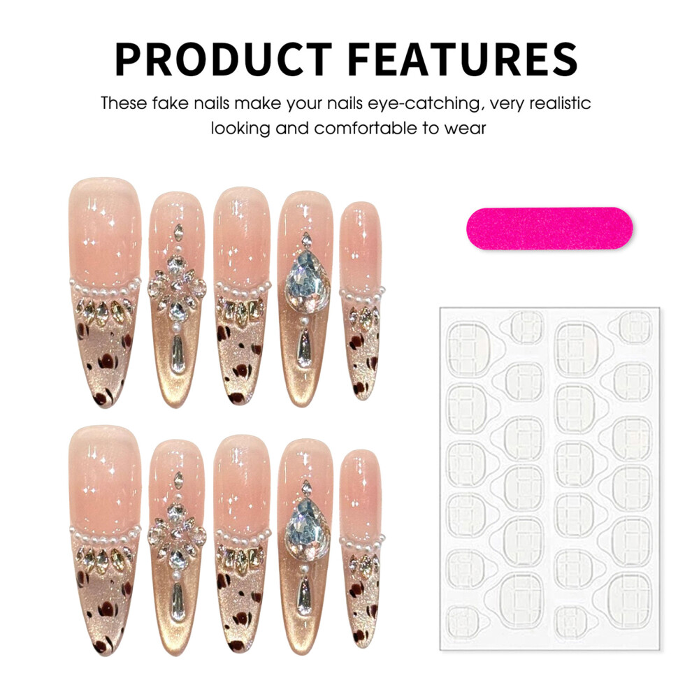Reach-Tools (1030 Slim Stiletto, M) 10Pcs Pink Nude False Nails With Rhinestones