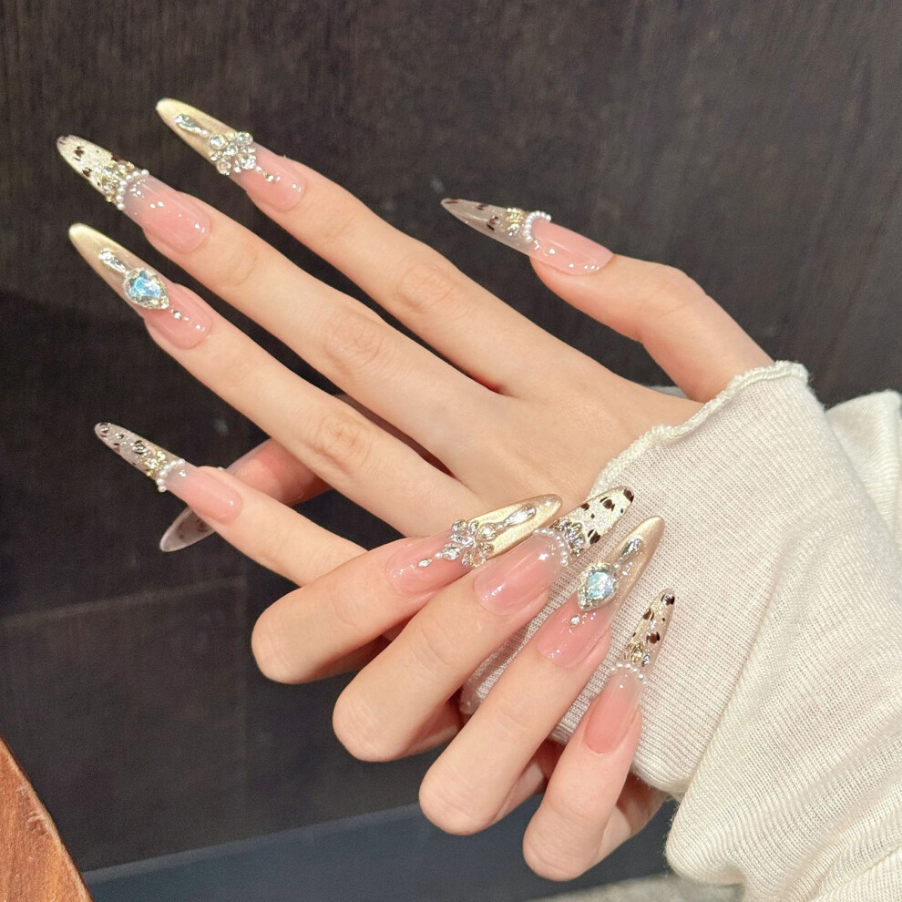 Reach-Tools (1030 Slim Stiletto, S) 10Pcs Pink Nude False Nails With Rhinestones