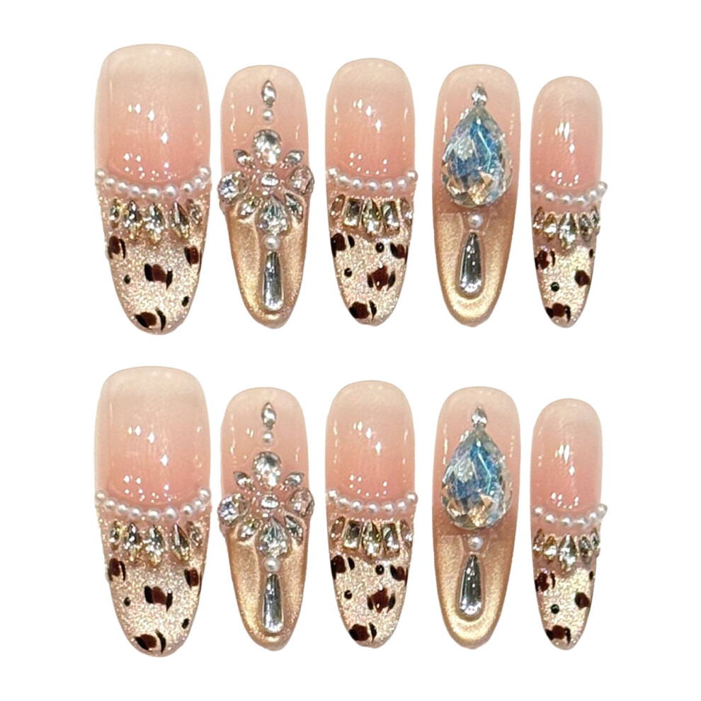 Roc-Electron (1028 Long Oval, S) 10Pcs Pink Rhinestone False Nails For Women