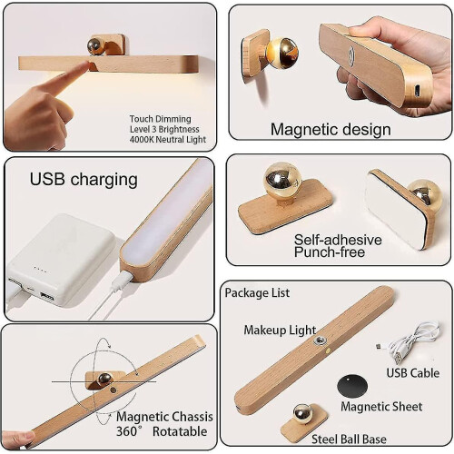 Led Bathroom Mirror 4w Usb Rechargeable Light Wood Cupboard Light Touch Dimmable Wireless Light Bath 2