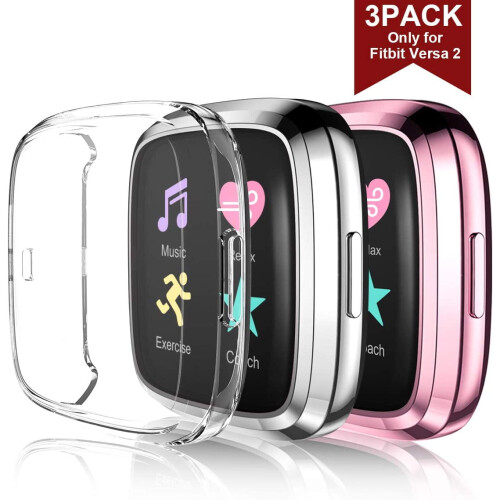 Compatible with Fitbit Versa 2 Screen Protector & Full Cover Case – 3-Pack (Rose Pink/Silver/Clear) 1