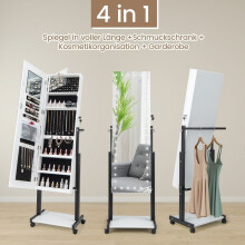 Jewelry cabinet with wheels 4 in 1 mirror cabinet with 3-color LED lights & adjustable height white