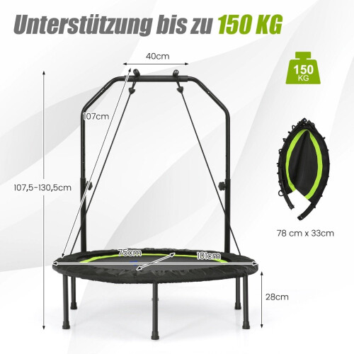 Ø101 cm mini trampoline with height-adjustable handle and 2 resistance bands green