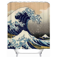 Rideau de douche sur le thème de l'océan, motif Mont Fuji et La Grande Vague d'Hokusai, 180 x 180 cm, en polyester recyclé, imperméable,