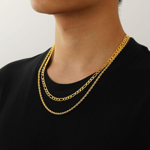 Layered Cuban Rope Herringbone Chain Necklace Set 2 pcs 1