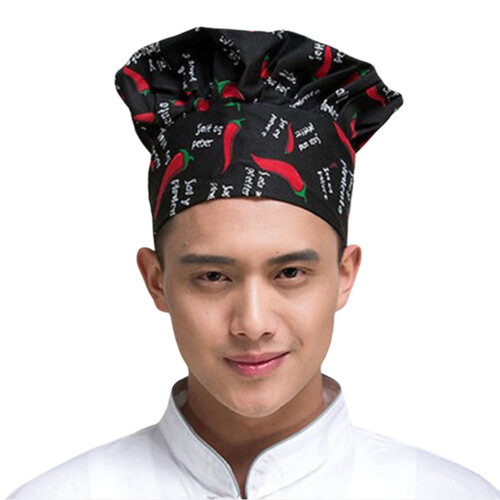 Professional Elastic Women Men Pleated Work Cap Kitchen Cooking Baker Chef Hat,Chilli Pattern 1