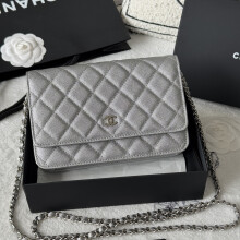 CHANEL WOC Classic Flap | Silver Caviar Leather Wallet on Chain AP280