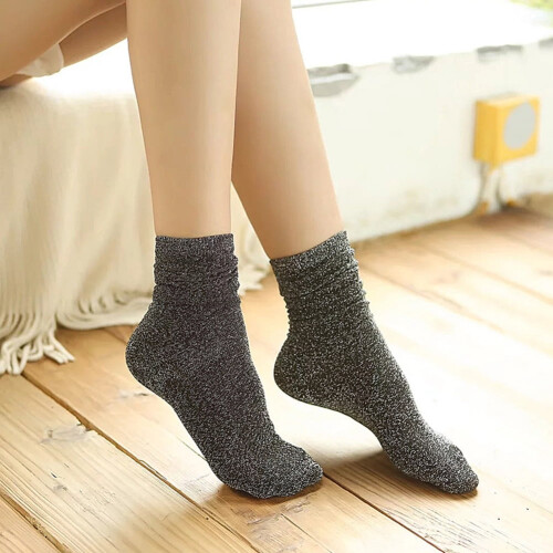 Modische Damen-Glitzersocken, Herbst/Winter, einfarbig, lässig, silberfarben 2