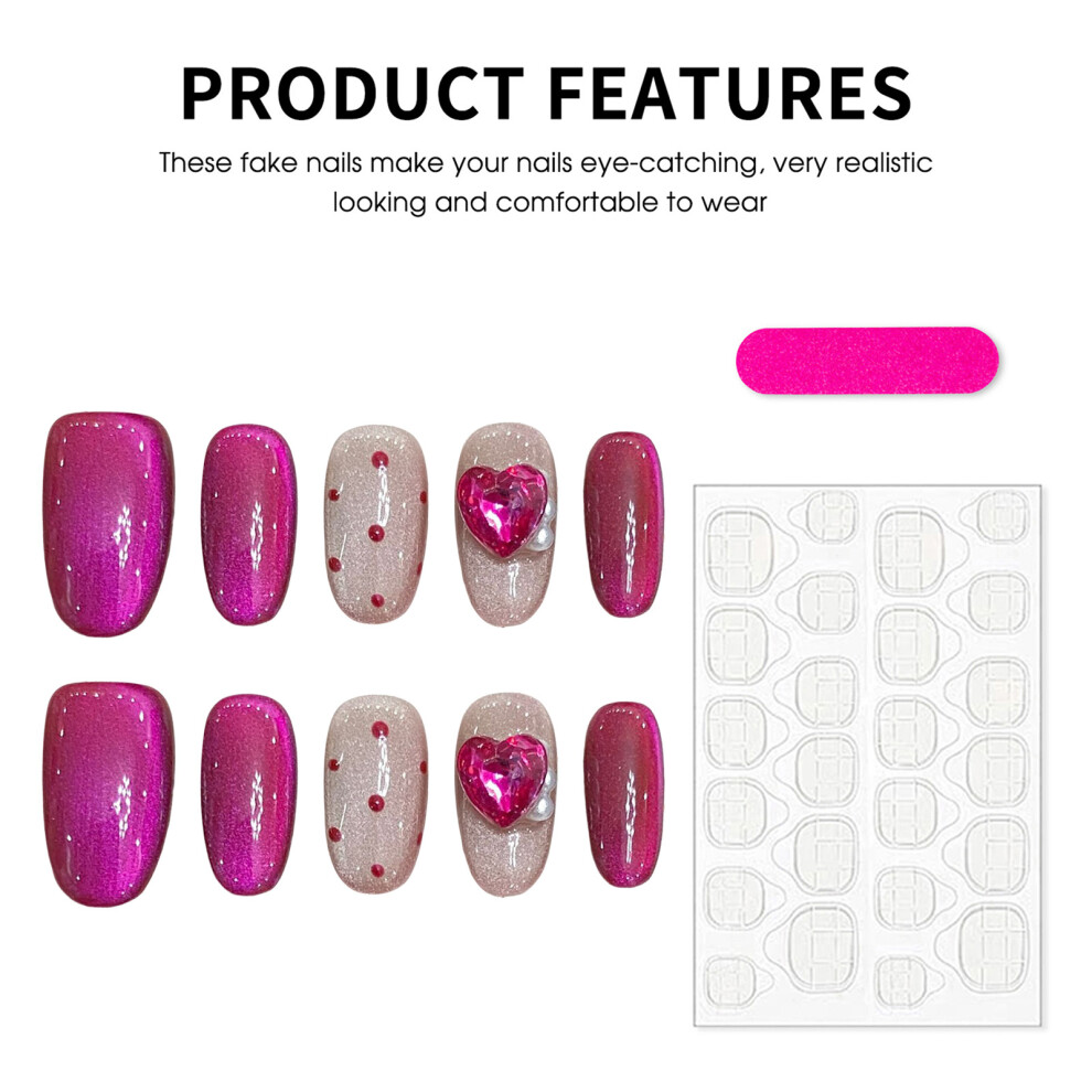 Roc-Electron Red (Short Almond, S) 10Pcs Raspberry Dot Press On Nails With Rhinestones