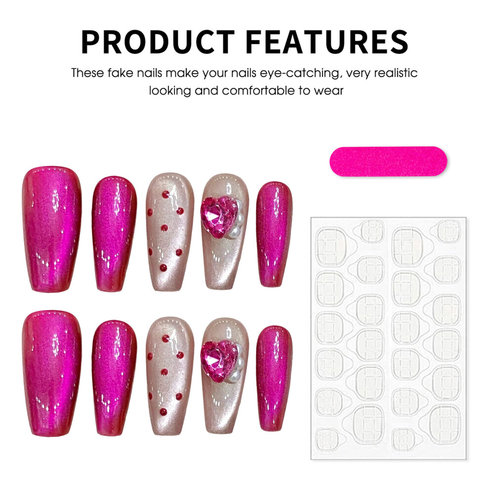 Roc-Electron Red (Medium Coffin, M) 10Pcs Raspberry Dot Press On Nails With Rhinestones