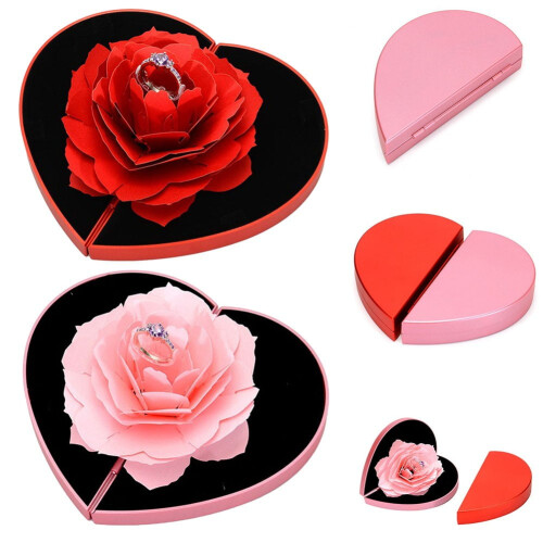 Heart-shaped rose rotating ring box Creative flower lifting proposal ring box Pink 2
