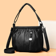 (Black) Vintage Soft Shoulder Bag, Large Capacity, Zipper