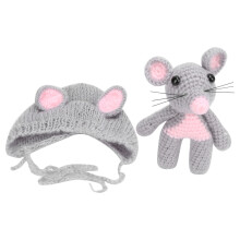Baby gestricktes Mäuschen-Kostüm mit Puppe, Hellgrau, 0-3 Monate
