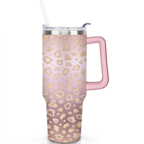 Ροζ ποτήρι Leopard 40oz, από ανοξείδωτο ατσάλι με μόνωση κενού αέρος, με λαβή και 1