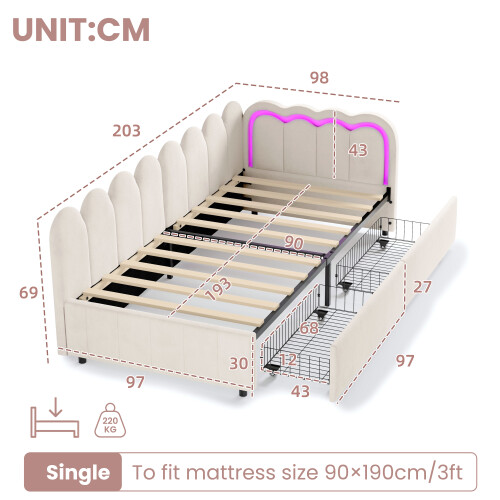Beige Velvet Single Daybed with RGB LED Lights 1