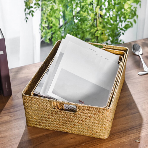 Storage Basket Baskets Woven Bins Wicker Organizerbasket Box Rectangular Hand Seagrass Bin 2