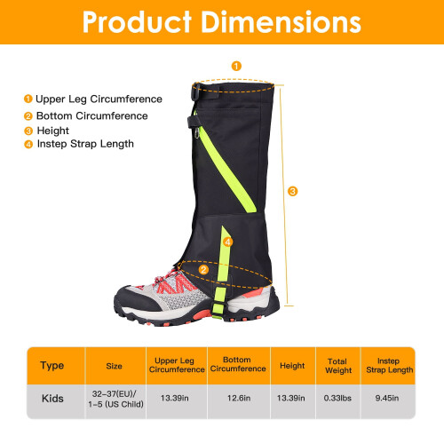 Kids Adjustable Waterproof Snow Gaiters Black 1