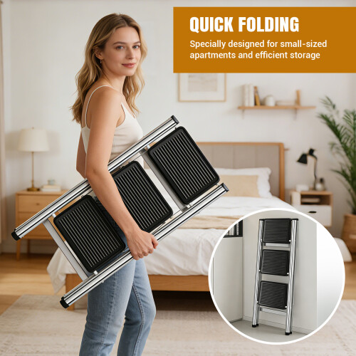 Folding Step Ladder 3 Step, Slim Design, Stainless Steel Frame 150kg Capacity, Space-Saving Foldable Step Stool for Kitchen Indoor & Outdoor Use 2