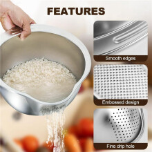 2X Rice Washer Strainer Bowl Stainless Steel Rice Rinser Strainer Washing Bowl with Side Drainers