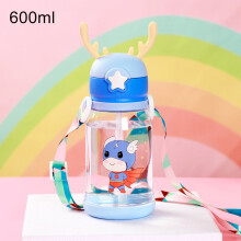 (Blue, 600ml) Kids Cute Deer Water Bottle with Strap