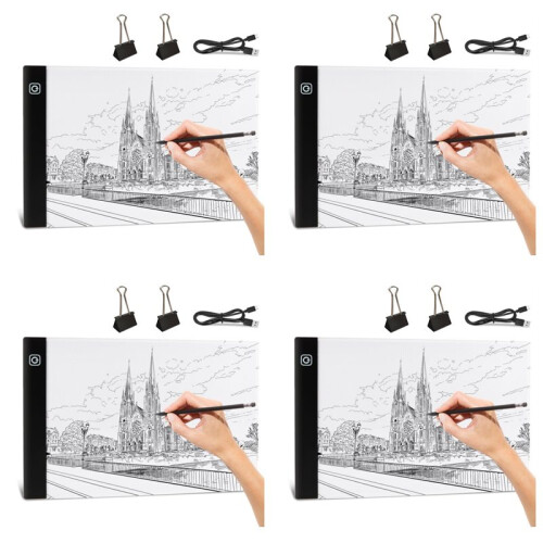 4X A4 LED Light Board, 3 Level Dimmable Brightness USB Power Crafts Light Table for Tracing, Light Drawing Sketch Pad