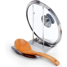 Suporte para talheres em aço inoxidável com tampa, ideal para organizar sua bancada. Feito com base de silicone resistente a riscos, pode ser