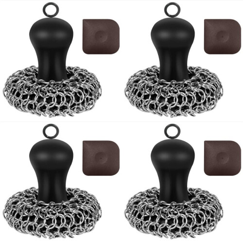 4X Cast Iron Cleaner Chainmail Scrubber, Upgraded Handle Cast Iron Scrubber Brush 316 Chain Mail Scrubber
