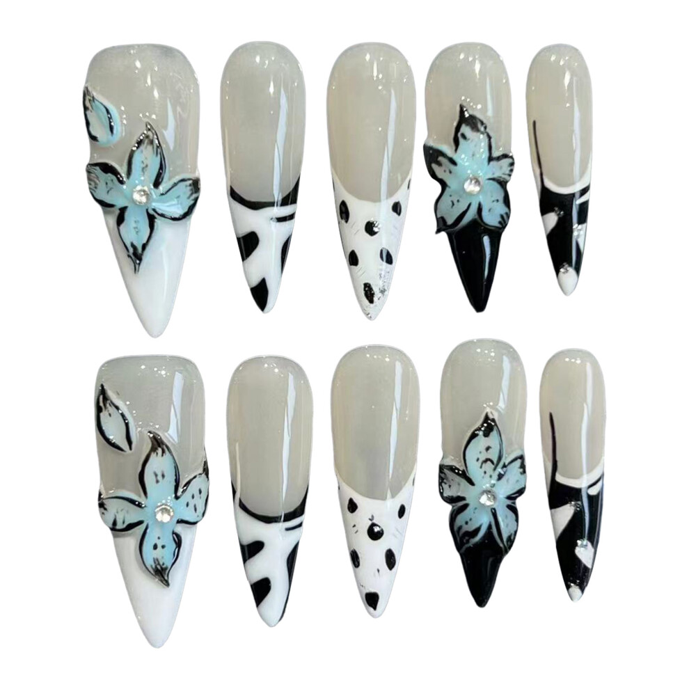 Roc-Electron White (L) Black & Tip Long Almond False Nails