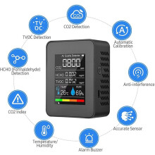 2X 5 in 1 Luftqualitätsmonitor TVOC HCHO Temperatur-Feuchtigkeits-CO2-Messgerät, Wiederaufladbarer USB-CO2-Detektor Schwarz