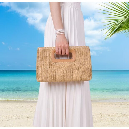 Γυναικεία ψάθινη τσάντα clutch με λαβή στο πάνω μέρος, υφασμένη τσάντα ώμου για 1