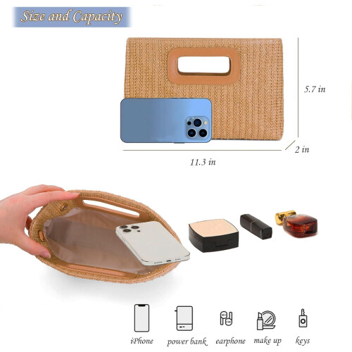 Γυναικεία ψάθινη τσάντα clutch με λαβή στο πάνω μέρος, υφασμένη τσάντα ώμου για 2