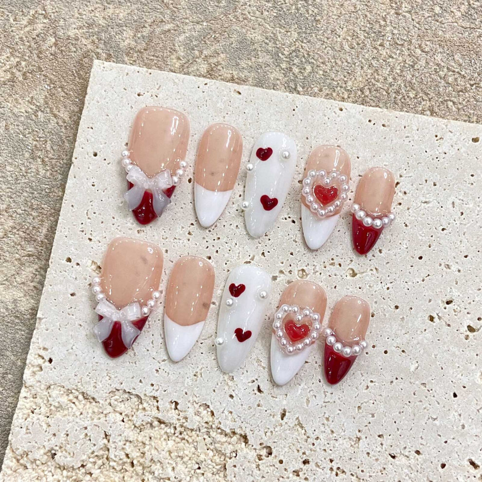Creation-3C (Xs) French Almond Fake Nails - Red White Tips For Women