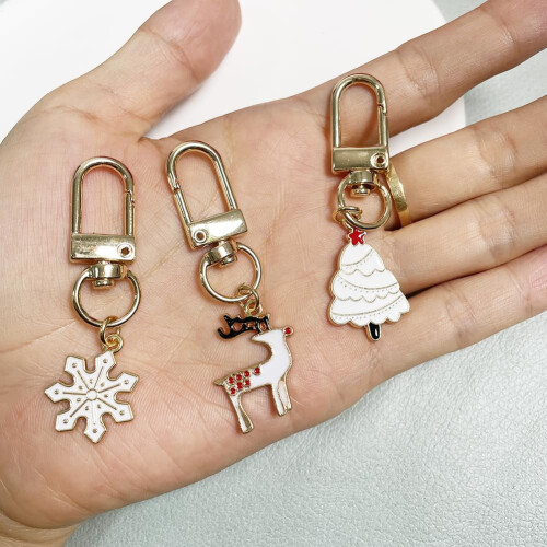 Christmas Keychain Set White Tree Deer Snowflake 3pcs 1