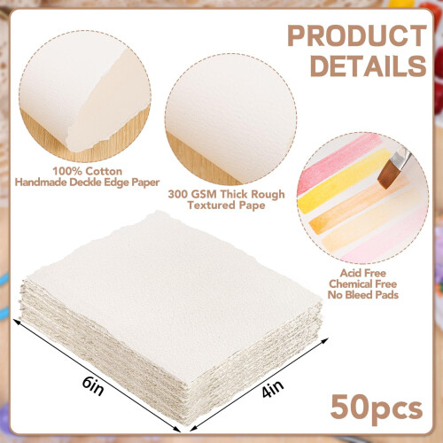 50 φύλλα Χαρτί ακουαρέλας 4x6" 300GSM, βαμβακερό με διακοσμητικές άκρες, χωρίς οξύ, 1