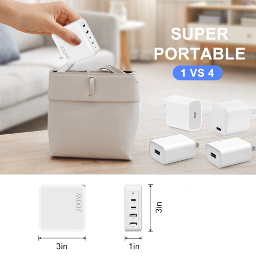 Φορτιστής τοίχου USB C 200W, γρήγορος προσαρμογέας φορτιστή USB C 4 θυρών με καλώδια 1