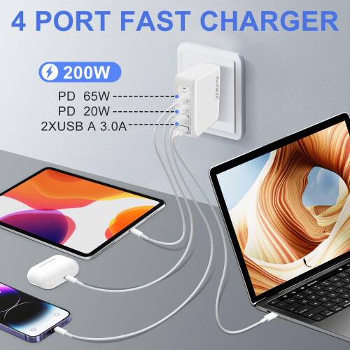 Φορτιστής τοίχου USB C 200W, γρήγορος προσαρμογέας φορτιστή USB C 4 θυρών με καλώδια 2