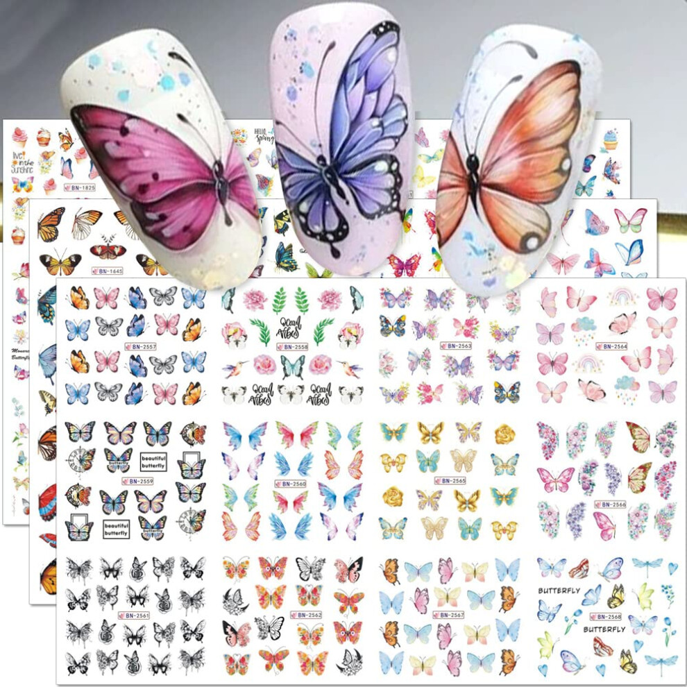 Butterfly Nail Stickers 3D Colorful Water Transfer Decals for Manicure, 3 Large Sheets