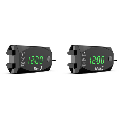 2X LCD Display Voltmeter Waterproof IP67 Digital  Clock for Motorcycle Scooter 3-in-1 Thermometer,Green Light