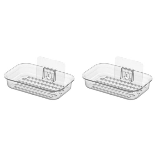 2X Easy Installation Soap Holder Kitchen Wall Mount Dish No Drill Modern Clear Drain ShowerContainer A